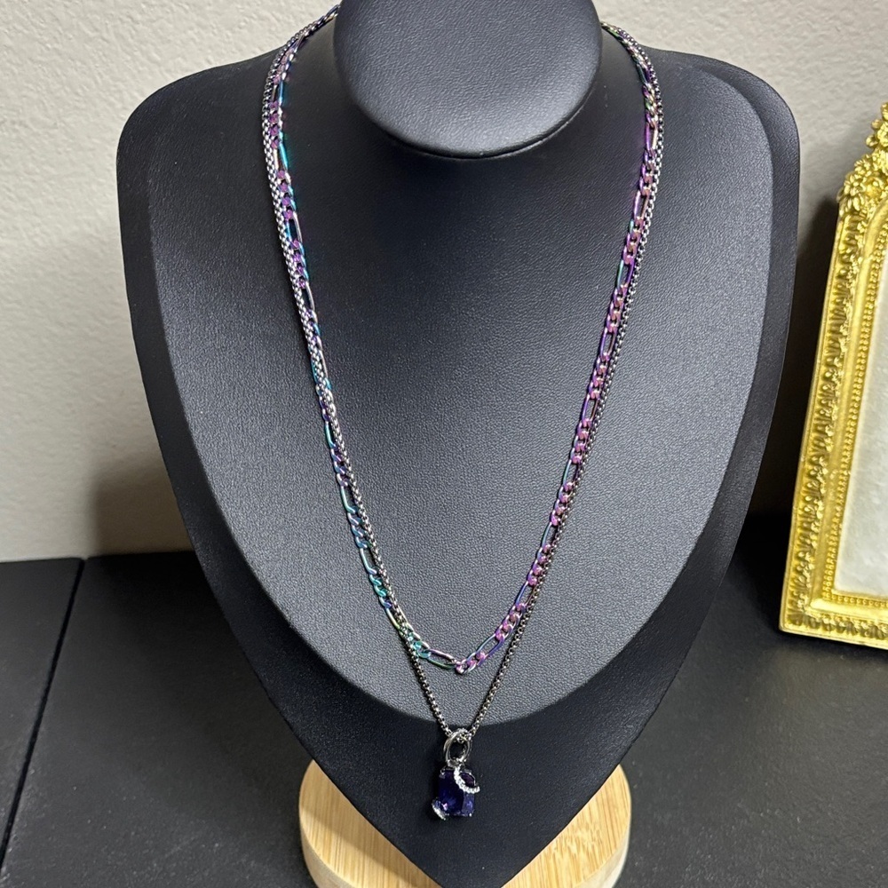 Elegant Gunmetal Multicolor Layered Necklace with Pendant